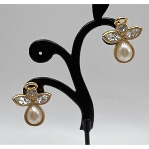 Avon Angelic Expressions 1996  Gold Tone Faux Pearl Rhinestone Drop Earrings